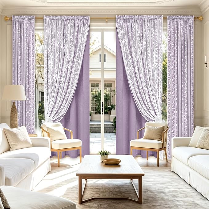 ASPMIZ Linen Curtains for Living Room Double Layer Curtains with Linen Lace, Purple Curtain for Bedroom Light Filtering, Rod Pocket Drapes 84 Inch Length 2 Panels Set with 2 Tiebacks, 52x84