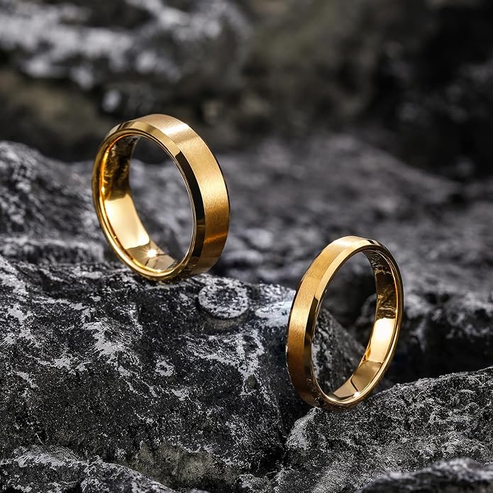 Greenpod 4mm 6mm Tungsten Carbide Ring for Men Women Beveled Edge Brushed Silver/Black/24K Gold Plated Wedding Band Comfort Fit Size 4-13