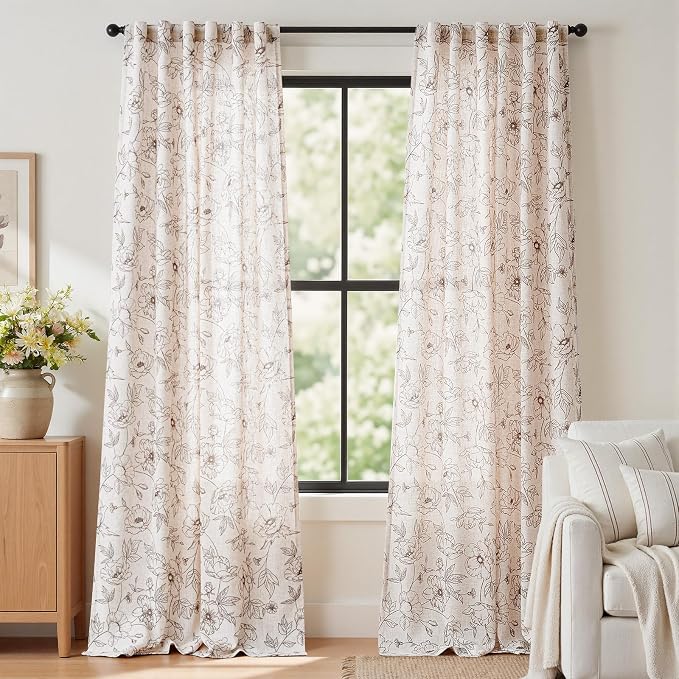 jinchan Floral Linen Curtains for Living Room 96 Inch Length Brown Flower Curtain Rod Pocket Back Tab Farmhouse Curtains with Printed Floral Bedroom Window Curtain Set, 2 Panels Brown