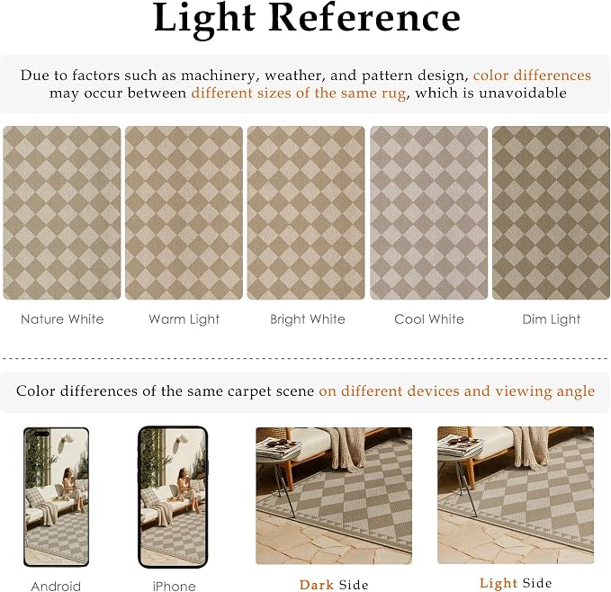 HUGEAR 6x9 Outdoor Rug Brown/Beige Linen-Look Fabric Checkered Area Rug High Traffic Stain Resistant Easy Clean Durable Rugs for Indoor/Outdoor Patio Deck Balcony Porch Garden Courtyard