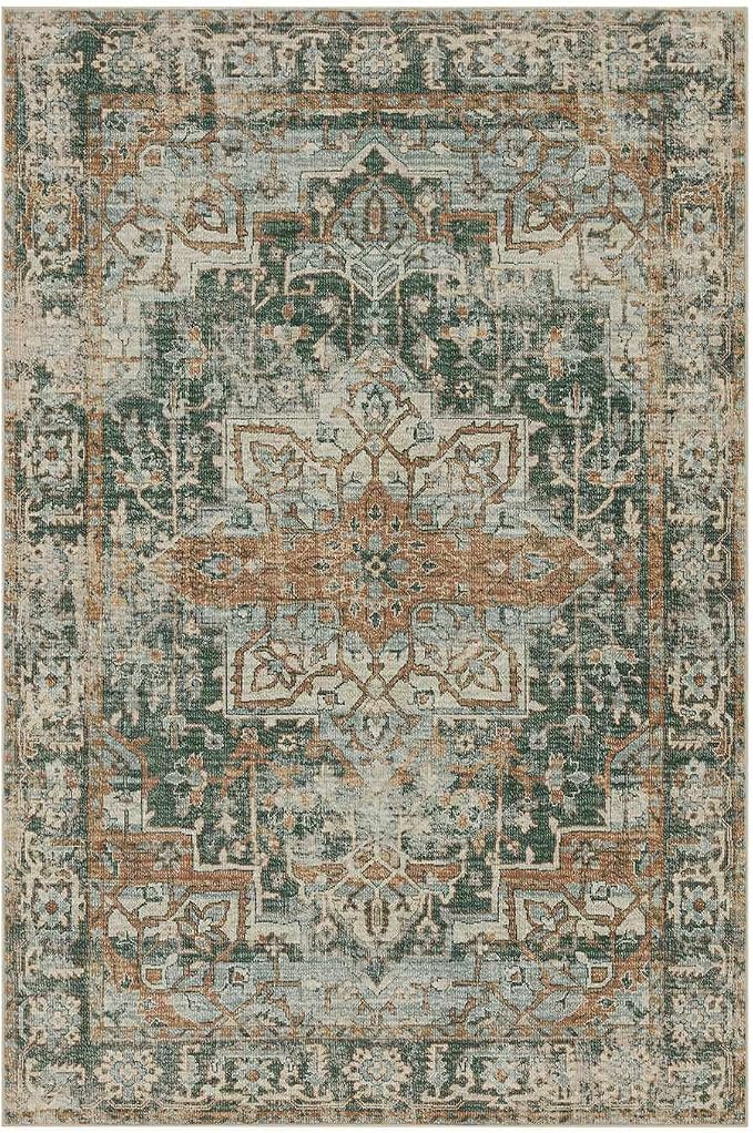 Rugxara 10x14 Area Rugs for Living Room Large Washable Rug, Green/Brown | Non Slip, Rug for Bedroom Dining Room Office Farmhouse, Stain Resistant, Soft, Low Pile, Vintage Boho Carpet, Home Decor