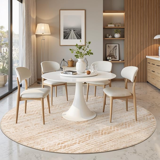 Miukiki Round Rugs 8ft Washable Moroccan Circle Rug for Living Room Non Slip Indoor Floor Carpet Foldable Area Rug for Dining Room with Low Pile(Beige,8'x8')