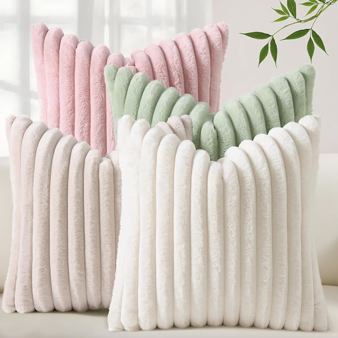 decorUhome Fall Faux Fur Throw Pillow Covers 18x18 Set of 4 White/Pink | Decorative Modern Farmhouse Soft Cozy Striped Pillow Cases Velvet Back for Sofa Bed Living Room Classic Accent Home Decor