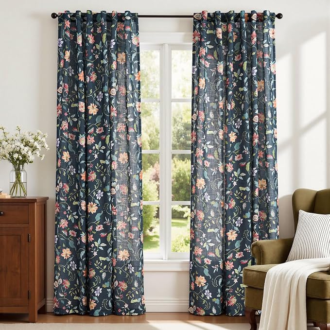 jinchan Dark Blue Floral Linen Curtains 84 Inch Vintage Back Tab 2 Panels | Farmhouse, cottage core, light filtering, semi sheer, drapes, privacy, living room, bedroom, window treatment, home decor