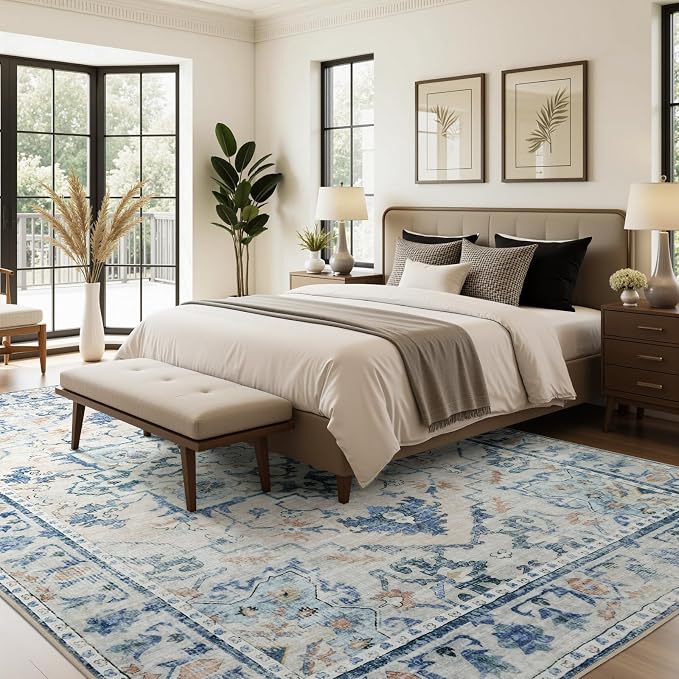 Joydeco 4x6 Area Rugs for Living Room, Non Slip Machine Washable Vintage Rug, Low Pile Chenille Print Rugs for Bedroom, Dining Room, Home Office, Pet & Child Friendly, Blue&Grey