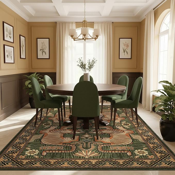GarveeHome Tibetan Tiger 8x10 Washable Area Rugs for Living Room, Boho Tribal Green Soft Animal Print Throw Rug Vintage Non Slip Ultra Thin Stain Resistant Floor Carpet for Office Bedroom