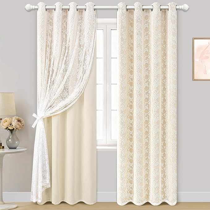 Yinhua Blackout Curtains for Bedroom Double Layer Beige Curtains for Living Room 84 Inches Long Nursery Curtain with Tiebacks, Thermal Insulation Grommet Drapes for Toddler, 52" W x 84" L