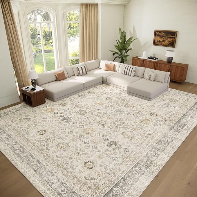 Boho Washable 10x14 Area Rugs for Living Room, Cushioned, Beige/Grey | Vintage Non-slip Neutral Oriental Rugs for Bedroom Dining Room Nursery Office High Traffic Area