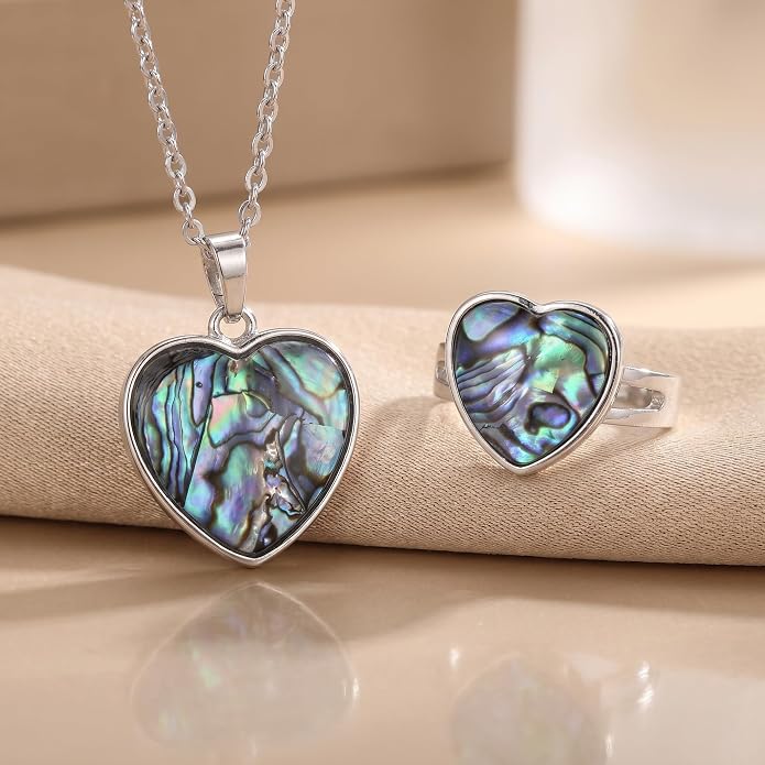 Abalone Shell Heart Ring and Necklace Set – Love Shape Jewelry Set for Women, Iridescent Ocean-Inspired Gift
