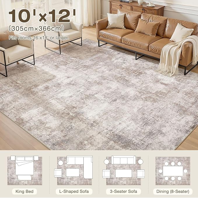 10x12 Large Area Rugs for Living Room, Washable Soft High-Low Pile | Neutral Modern Abstract Carpet, Non Slip Lightweight Made for Dining Room, Nursery, Home Office Indoor Decor - Brown