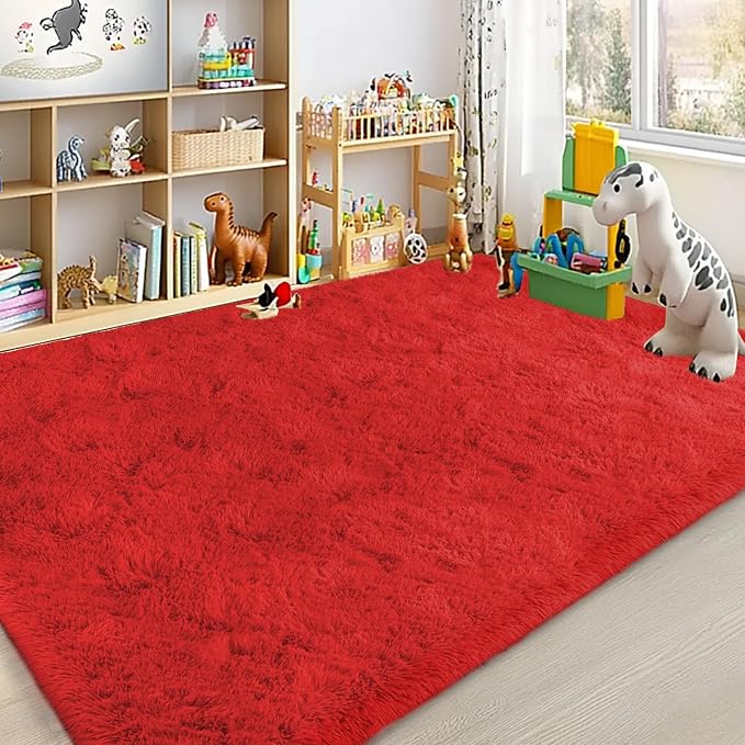 Large Area Rugs for Living Room Bedroom 5x7 Red Fluffy Shag Rugs | Ultra Soft Shaggy Plush Fuzzy Modern Indoor Throw Floor Carpet for Kids Girls Boys Dorm Nursery Home Decor Aesthetic
