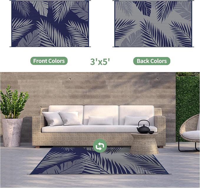 GENIMO Outdoor Rug 3'x5' Waterproof for Porch, Plastic Door Mat Blue Grey | Outside Leaf Carpet for Patio Decor, Balcony, Deck, Backyard, Picnic, Camping, RV, Reversible, Foldable, Lightweight