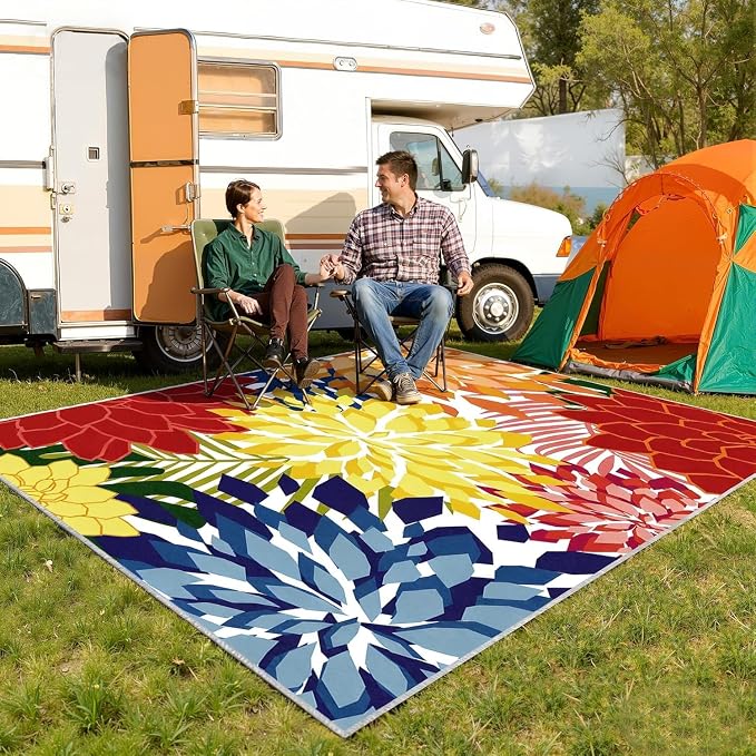 ZonLi Outdoor Rug 9x12Ft Waterproof Multicolored Indoor Area Rug Washable Outdoor Patio Rugs Tropical Floral Non Slip Outdoor Carpet for Living Room, Pool,Backyard,Deck,Camping.