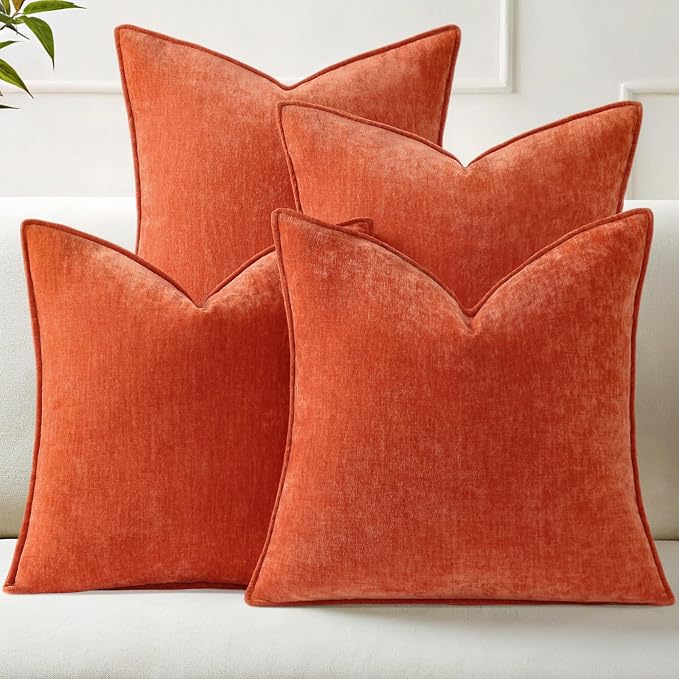 decorUhome Set of 4 Chenille Rust Throw Pillow Covers 18x18 | Couch Decorative Soft Neutral Pillow Covers with Elegant Design for Living Room Bed Sofa
