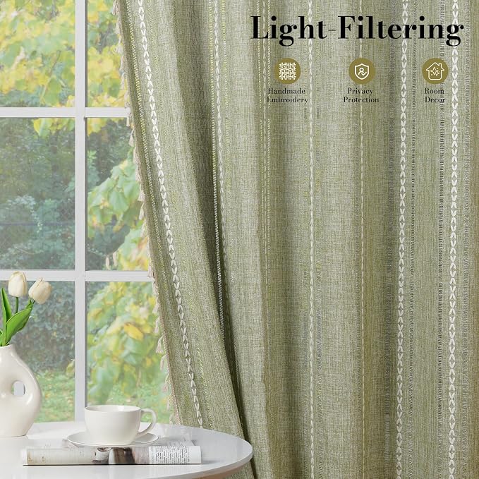 ColorBird Boho Curtains Linen-Textured Sage Green for Living Room Bedroom Light Filtering 84 Inches Modern Farmhouse Whimsical Decor Embroidered Striped for Nursery Door Dining Room