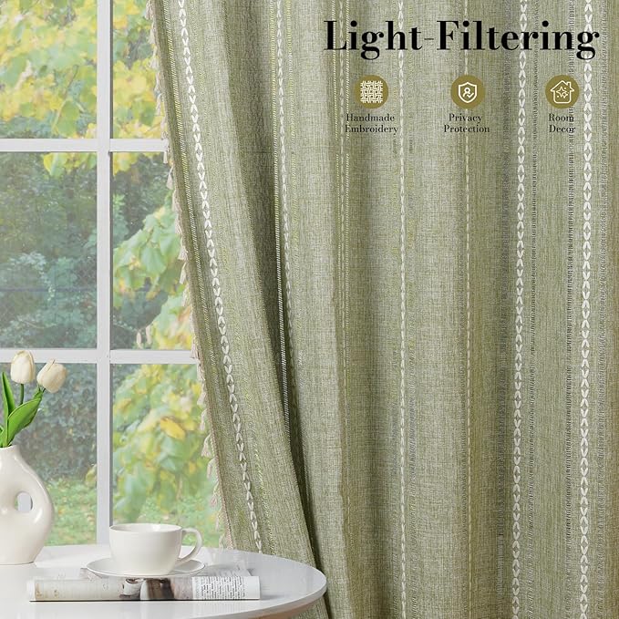 ColorBird Sage Green Boho Linen-Textured Floor to Ceiling Curtains for Living Room Sliding Door Light Filtering Farmhouse Whimsical Embroidered Striped Drapes 96 Inches for Nursery Bedroom