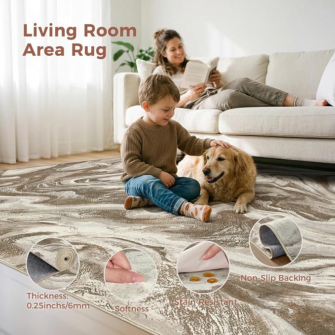 DMOYEST 8x10 Area Rug for Living Room:Washable Modern Neutral Abstract Rug with Low Pile Non Slip Soft Thin Large Indoor Carpet for Bedroom Dining Room Home Office Decor-Sand Brown