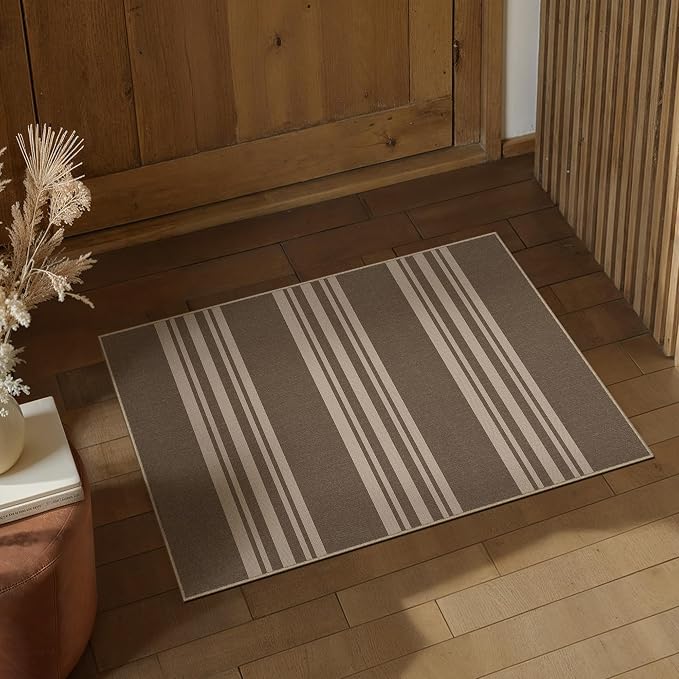 PureCozy Outdoor Rug 2x3 Washable Striped Jute Look Non Slip Mat | Brown Stripe Farmhouse Design, Indoor Outdoor Entryway Door Mat for Kitchen, Mudroom and Bathroom, Non Shedding, Easy Care