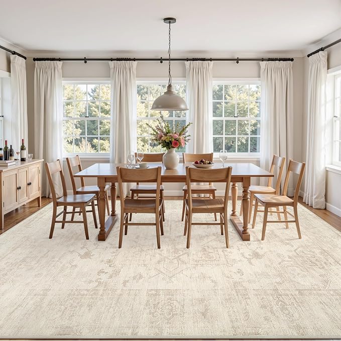 10x12 Area Rug for Living Room: Vintage Boho Neutral Washable Rug Indoor Soft Large Area Rug Carpet for Bedroom Nursery Farmhouse Dining Room Office Floor Non-Slip Low Pile Under Table Rug Beige/Brown
