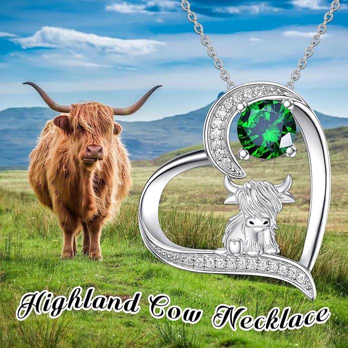 Highland Cow Gifts for Women 925 Sterling Silver Highland Cow Birthstone Necklace Fluffy Cow Jewelry Gifts Birthday Christmas