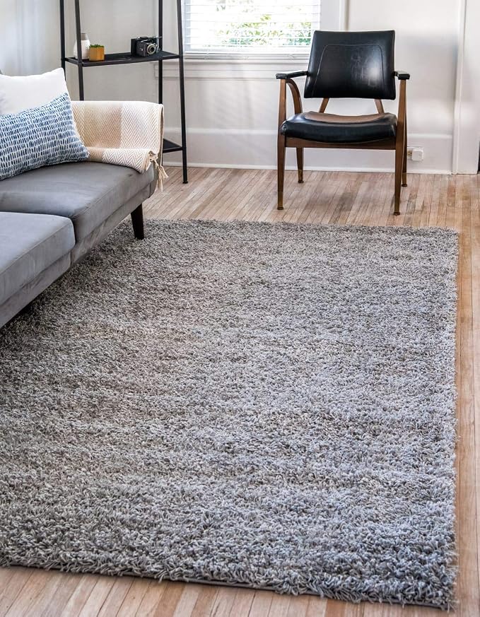 Unique Loom Solid Shag Collection Area Rug (9' x 12' Rectangle, Cloud Gray) | Modern solid area rug for living room, bedroom & dining room. Stain-resistant, easy-care, kid & pet friendly