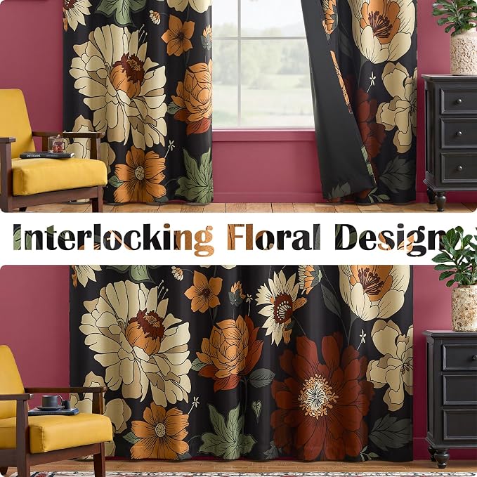 jinchan Black Boho Floral Blackout Curtains 108 Inch Grommet 2 Panels | Room darkening, Vintage, living room, bedroom, privacy, floral print, flower pattern, fall decor, window treatments