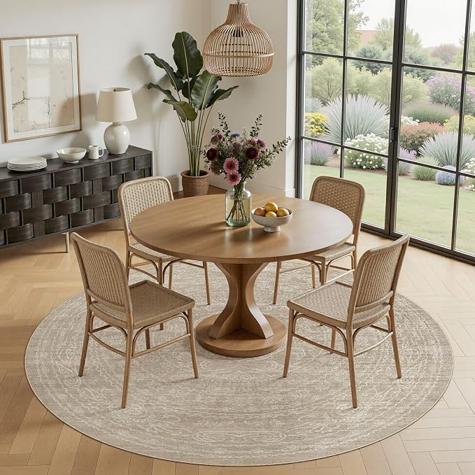 8ft Round Rug Living Room: Washable Large Vintage Rug Neutral Non-Slip Soft Stain Resistant Indoor Carpet for Bedroom Nursery Dining Room Under Table Bed Home House Office Playroom - Brown