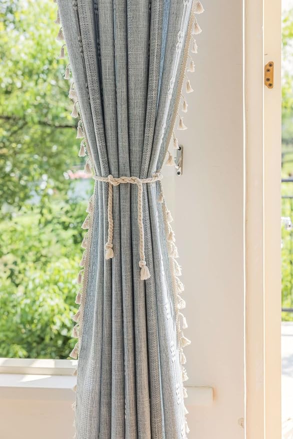 Boho Embroidery Striped Farmhouse Curtains - 96 Inch Long, 2 Panel Set, Blue Linen, Tassel, Semi-Blackout, Living Room (52" W x 96" L)