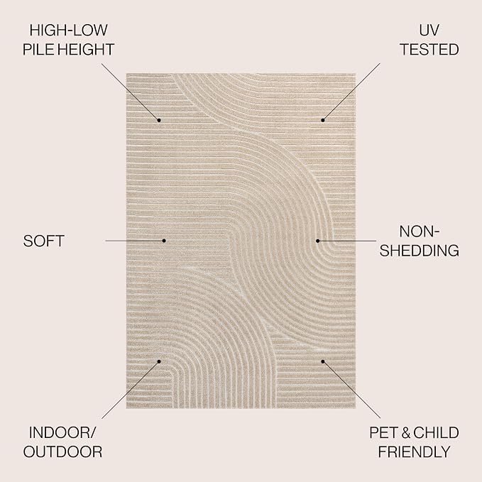 JONATHAN Y Hallie High-Low Curve Beige/Cream 8x10 Indoor/Outdoor Area Rug, Minimalist, Japandi, Geometric, Pet Friendly, for Patio, Backyard, Living Room, Bedroom, Office, Hose-Washable (SCN100D-8)