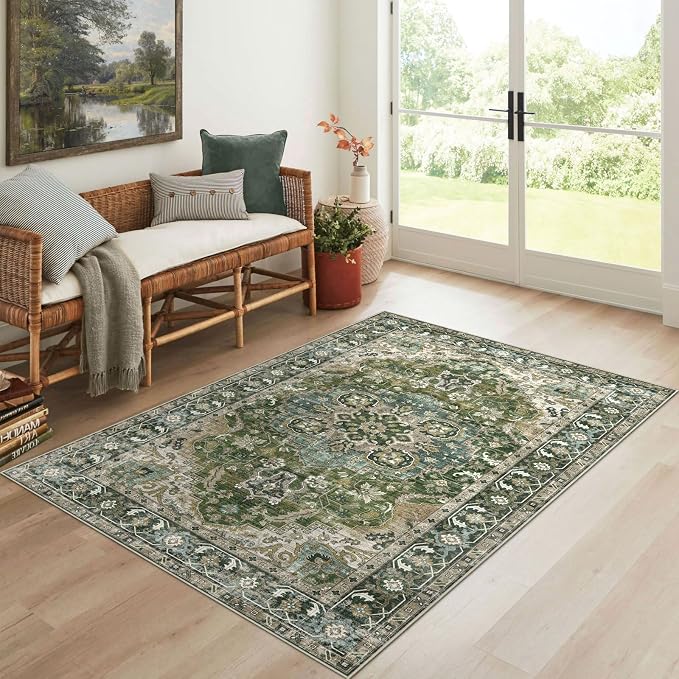 LUXRUG 3x5 Washable Area Rug - Small Entryway Rug Non-Slip Moss Green Vintage Oriental Kitchen Rugs Low Pile Boho Carpet Throw Rugs for Living Room Bedroom Bathroom Entrance Dorm Office Home Decor