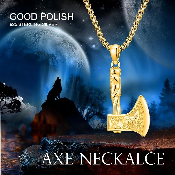 MEDWISE Viking Axe Pendant Necklace Celtic Wolf S925 Sterling Silver Celtic Norse Talisman Viking Rune Viking Jewelry Axe Warrior Hatchet Axe Amulet Necklace for Men Women