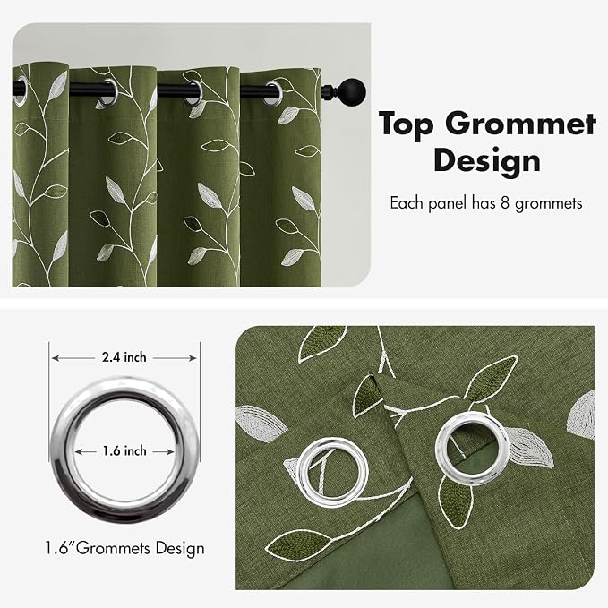 MIULEE Olive Green Double Layer Curtains 84 Inches Long, Leaf Patterned Sheer Floral Drapes and Blackout Room Darkening Window Curtains for Living Room Bedroom, Grommets Top, 52" W x 84" L, 2 Panels