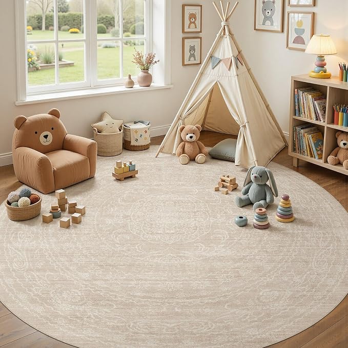 8ft Round Rug Living Room: Washable Large Vintage Neutral Area Rug Non-Slip Soft Stain Resistant Indoor Carpet for Bedroom Nursery Dining Room Under Table Bed Home House Office Playroom - Beige