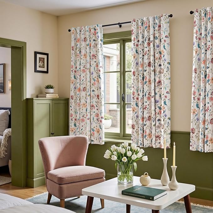 jinchan Beige Floral Blackout Curtains 63 Inch Back Tab 2 Panels Set | Room darkening, cream elegant vintage farmhouse drapes, botanical floral print, bedroom, living room, window treatment