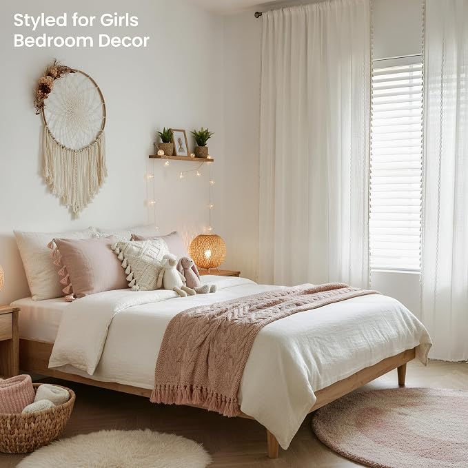 ColorBird White Boho Curtains Linen-Textured for Living Room Bedroom Embroidered Striped Light Filtering 63 Inch Farmhouse Whimsical Curtains & Drapes Window Treatment for Dining Closet