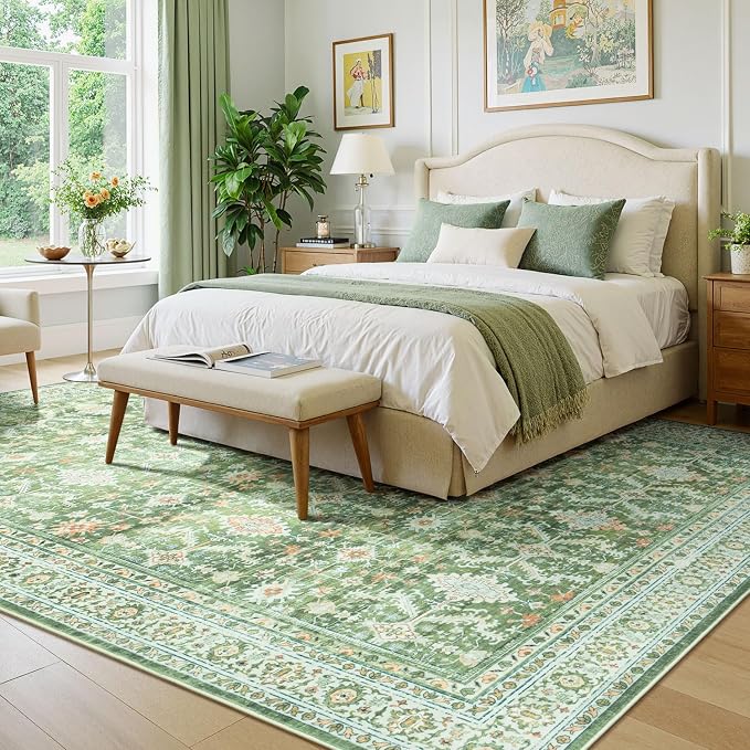 Lessymo 5x7 Washable Area Rug with Non Slip Backing,Soft Boho Indoor Carpets for Living Room Bedroom Nursery, Kid and Pet Friendly, Light Green