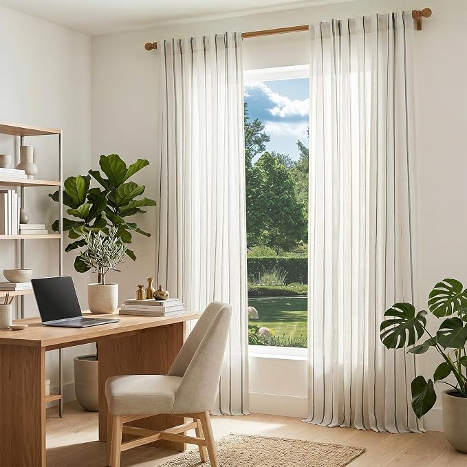 Vangao Striped Curtains Green on White Semi Sheer Curtains 96 Inches Long for Living Room Bedroom Modern Farmhouse Linen Textured Light Filtering Drapes 2 Panels Olive Green W50 x L96 Inch