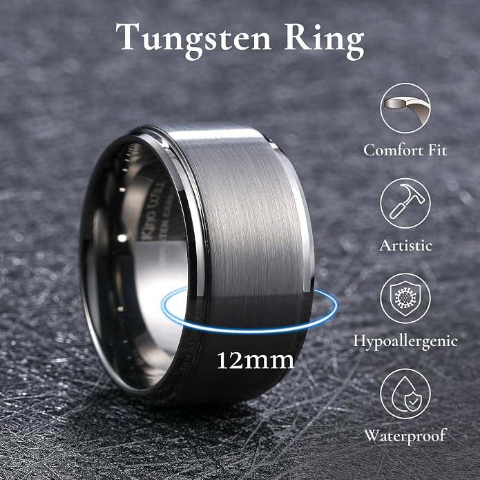 King Will Classic Tungsten Wedding Band for Men, 6/7/8/9/10mm Widths, Polished Finish Step Edge Matte Rings Comfort Fit