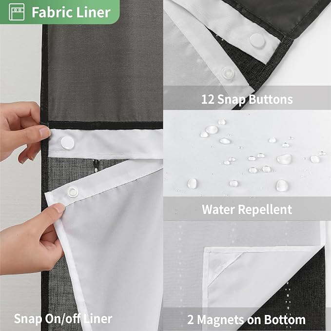 eachope No Hook Long Shower Curtain Set with Snap-in Fabric Liner,Linen Textured Thick Striped Fabric with Tassels,Boho Farmhouse Rustic Luxury Bathroom Curtain,Water-Repellent,Black,71x80