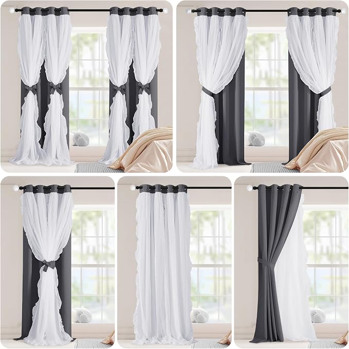 PONY DANCE Ruffle Sheer Overlay Blackout Curtains for French Country Bedroom, Window Treatment Double Layer Drapes, Farmhouse Rustic Design, W 52 x L 84 Inches, Grey, 2 Panels