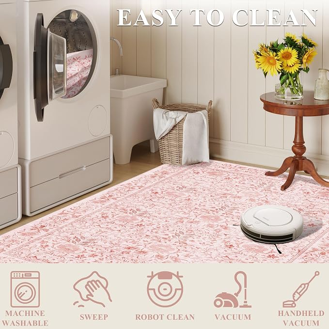 DUKINO 2.6x8 Runner Rug, Washable Vintage Floral Kitchen Rug, Pink | Non Slip, Low Pile, Non-Shedding, Stain Resistant, Soft Throw Carpet Runner for Hallway Bathroom Laundry Entryway Farmhouse