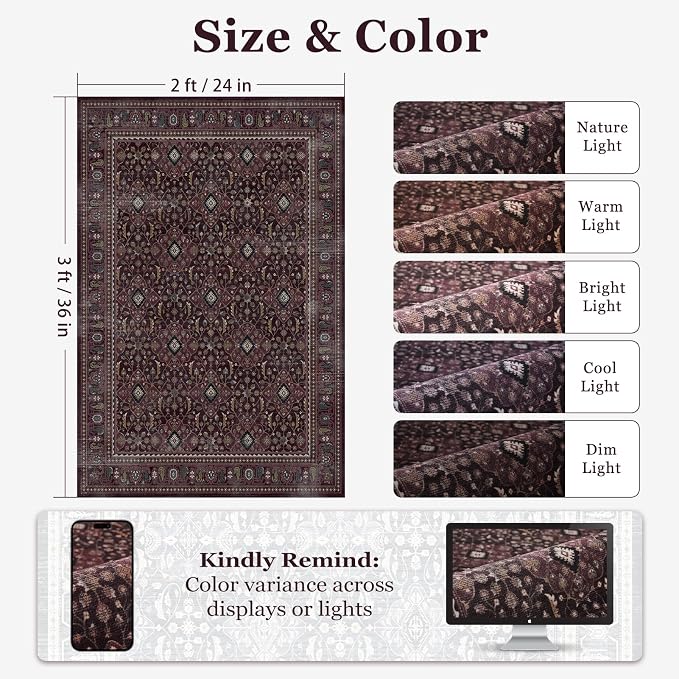 Fig 2x3 Kitchen Rugs Non Slip Washable, Luxurious Boho Vintage Floral Trellis Ultra Thin Door Mat Indoor Entrance, Earth-Toned Dark Academia Small Throw Rugs for Entryway Bathroom