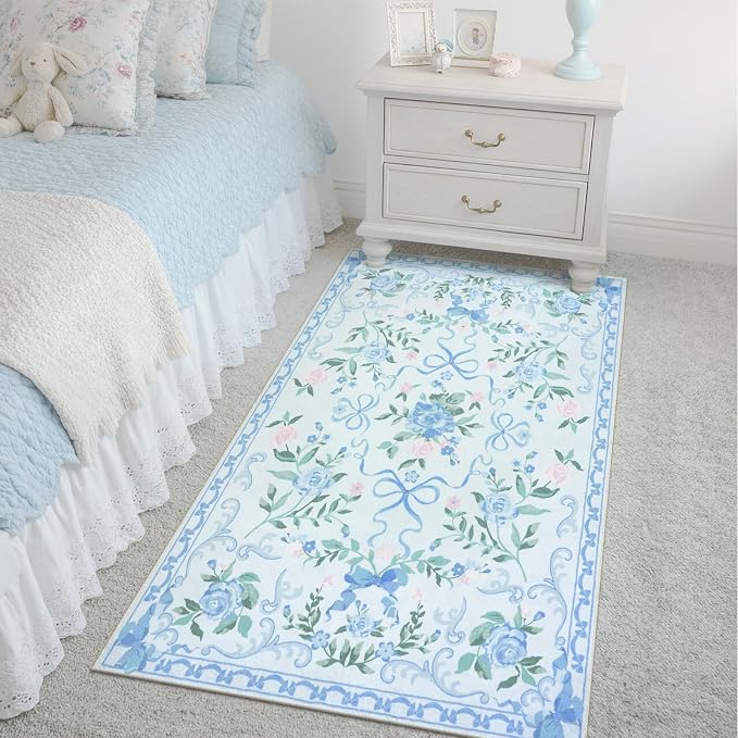 Collive 3x5 Nursery Rug, Boho Blue Floral Area Rugs Machine Washable, Soft Ultra-Thin Bow Carpet Non Slip for Girls Room Bedroom Entryway Playroom Living Room (Blue, 3' X 5')