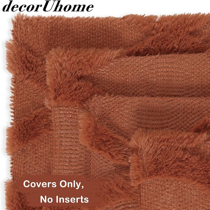decorUhome Set of 4 Faux Fur Rust Throw Pillow Covers 16x16 | Neutral Decorative Soft Plush Couch Pillow Covers, Farmhouse Pillow Cases for Living Room Bed Sofa