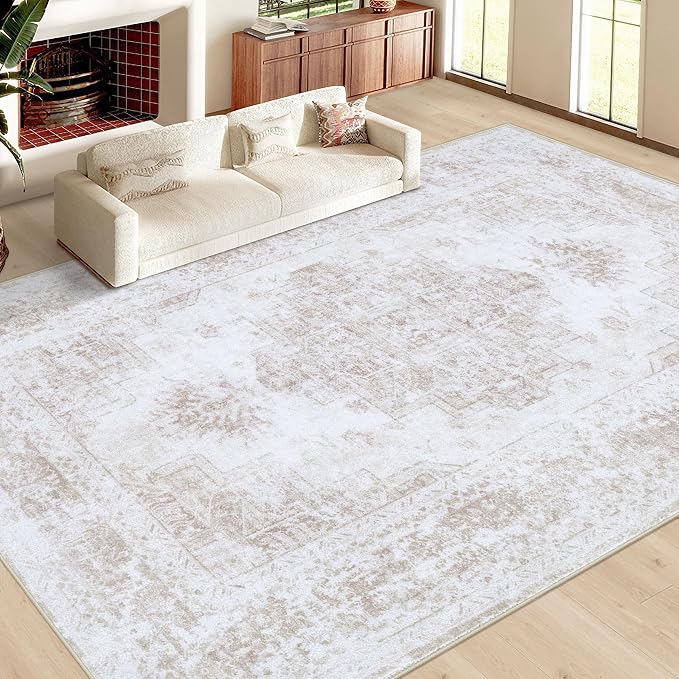 XLUEZ Area Rug 10x14 Living Room Rug, Machine Washable Vintage Distressed Medallion Rug Non-Slip Soft Low Pile Large Indoor Rugs for Bedroom Kitchen Dining Room Office(Beige,10'x14')