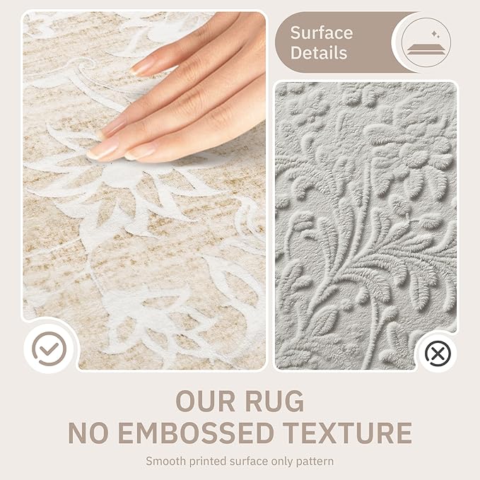 Soalmost Washable Round Rug 6ft for Living Room, Soft Circle Area Rug Beige | Vintage Floral Ultra-Thin Non-Slip Rugs, 6x6 Round Throw Carpet for Entryway Nursery Bedroom Kitchen Dining Room 6'Round