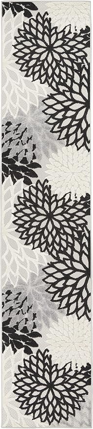 Nourison Home Aloha Indoor/Outdoor Black White 2'3" x 10' Area Rug, Tropical, Botanical, Easy Cleaning, Non Shedding, Bed Room, Living Room, Dining Room, Deck, Backyard, Patio (2x10)