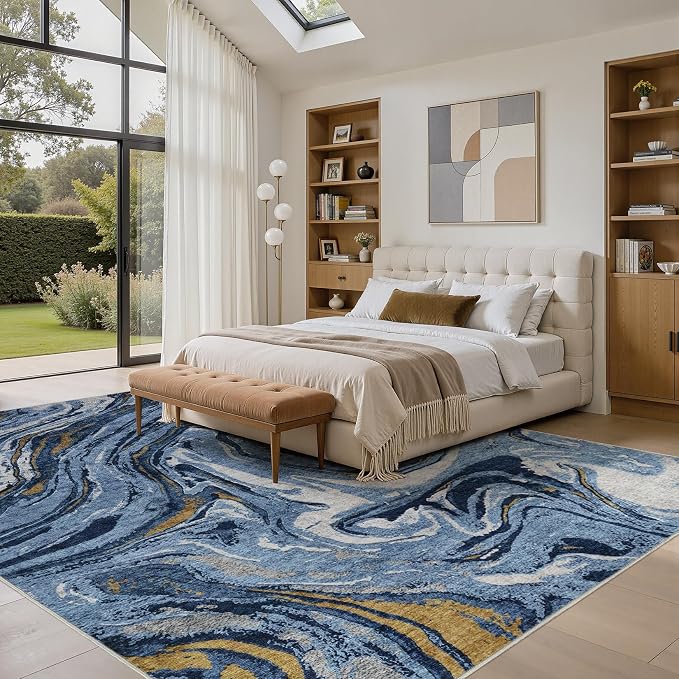 DMOYEST 10x12 Area Rug for Living Room - Washable Neutral Modern Abstract Rugs Soft Non-Slip Carpet Low Pile Indoor Floor Mat for Bedroom & Dining Room Decor for Families with Kids and Pet- Dark Blue