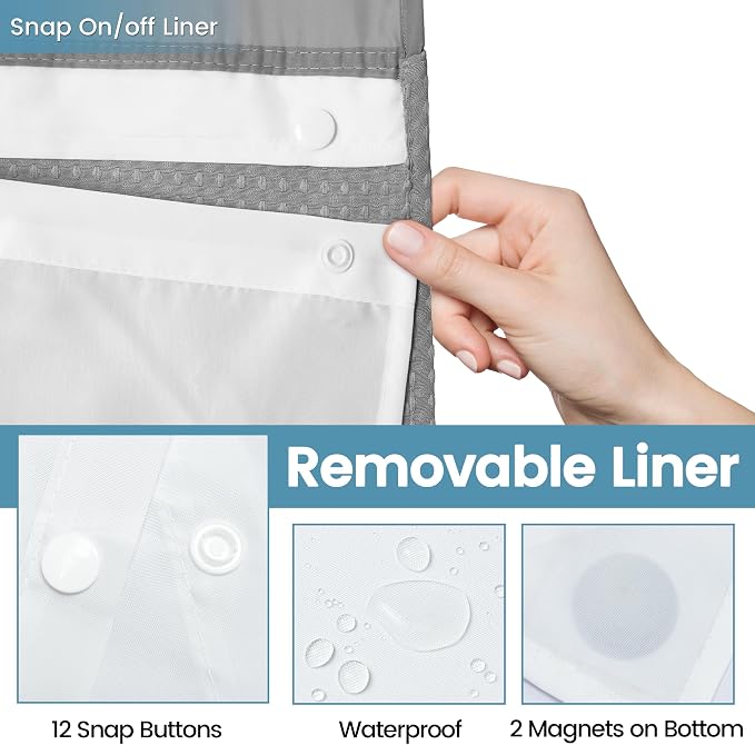 EUTXL Heavyweight Stall No Hook Shower Curtain with Snap in Liner,256GSM Waffle Weave Shower Curtains for Bathroom,60W x 74H,Grey