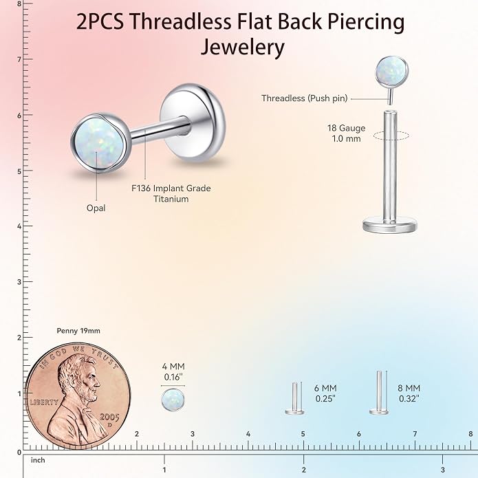 limerencia 18G Hypoallergenic Titanium Opal Threadless Nose Stud Earrings, 2PC Flat Back Push in Stud Earrings Labret Medusa Monroe Helix Cartilage Tragus Conch Piercing Jewelry for Women Men
